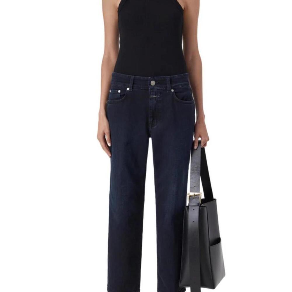 Closed Denim Milo straight leg high rise stretch jeans in blue-black navy indigo